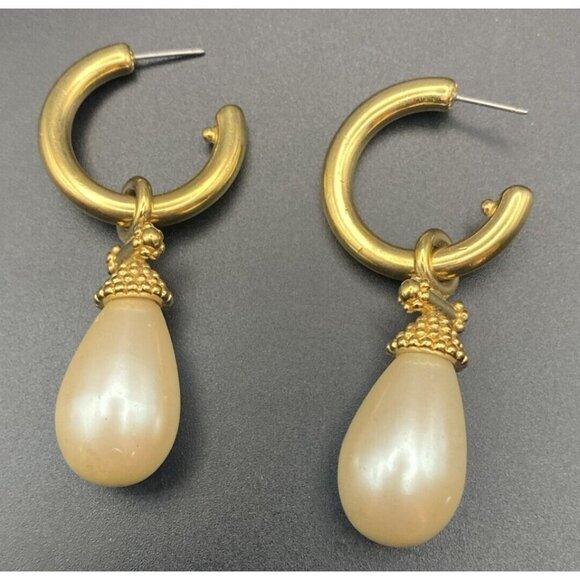 kramer Jewelry - VTG Earrings Kramer Gold Faux Pearl Drop Hoop Pierced Signed Elegant Regency
